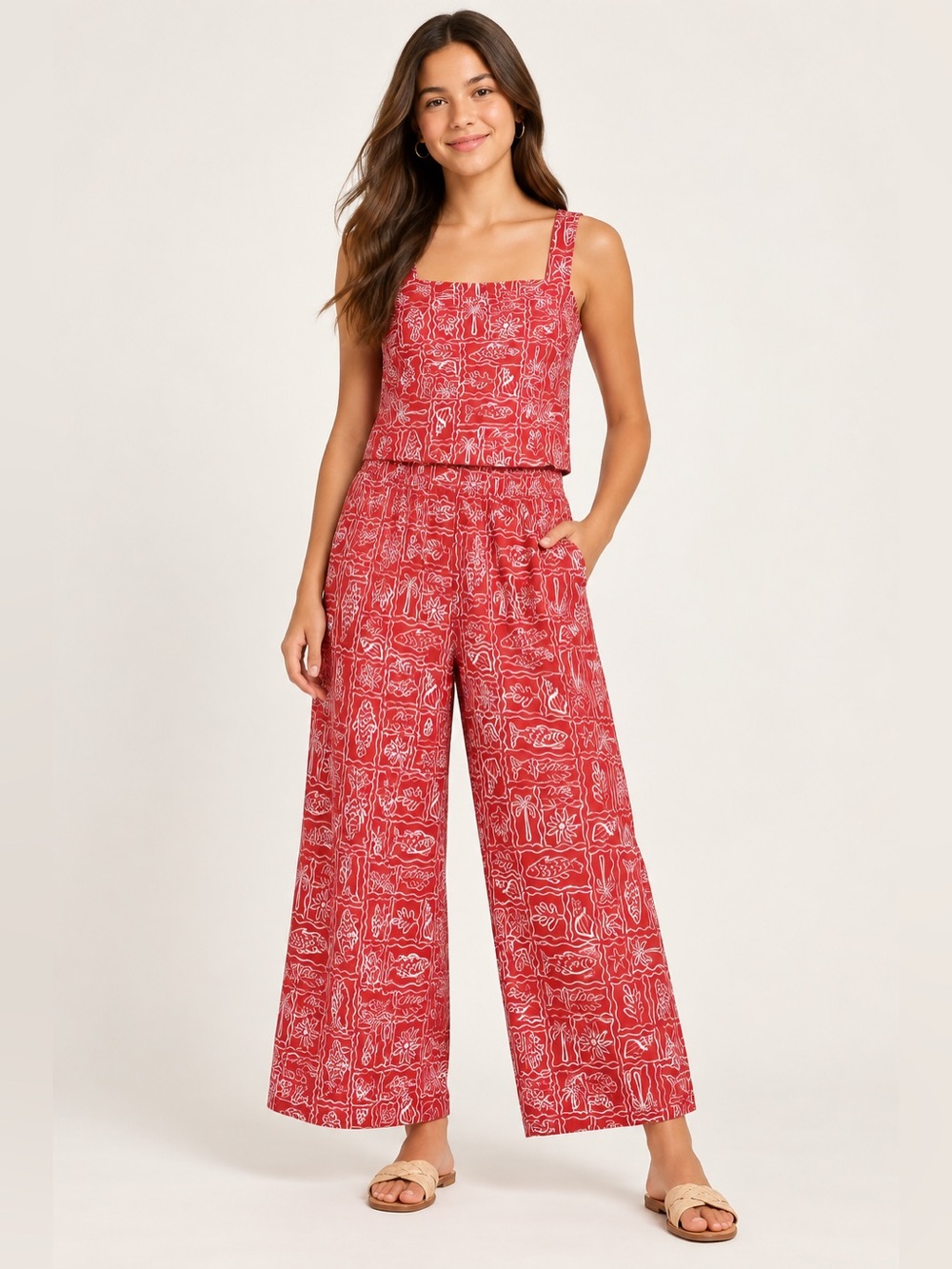 LOFT Ann Taylor linen Beach collection Wide Leg Pants Top Set LARGE red white